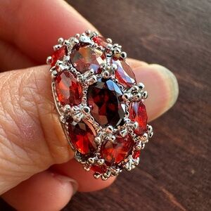 Sterling Silver 925 Red Garnet Cluster Ring - Elegant Women’s Statement Jewelry